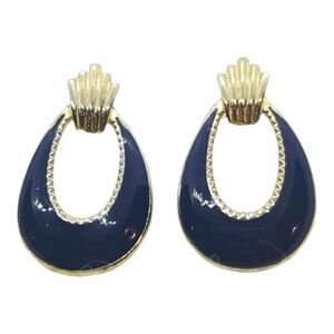 Dark Blue Earrings Open Oval Drop Gold Tone Pierced Earrings